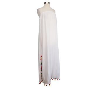 Akasa Womens Strapless Maxi Dress Size 6 White Colorful Pom Pom Hem Beach Vacay